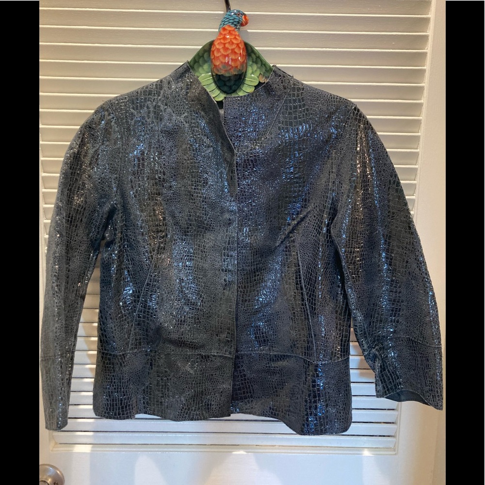 Chico’s Navy Leather Jacket Sz M Genuine Leather